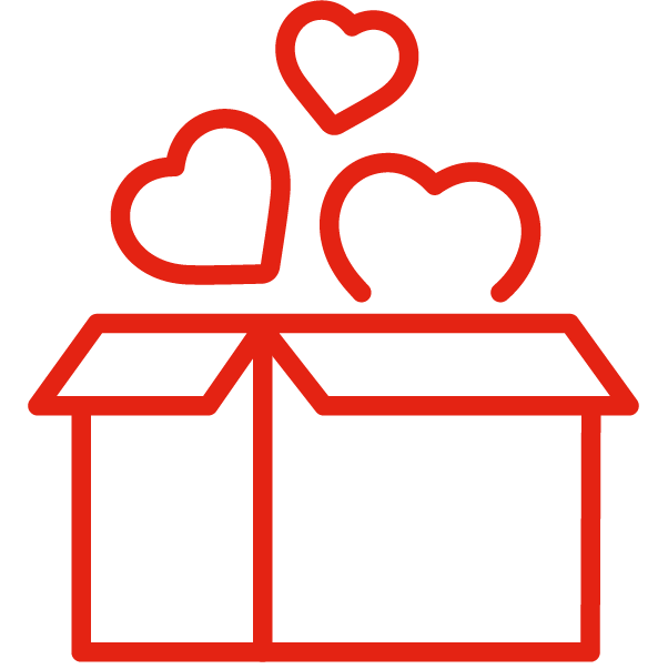 An icon of an open box with three hearts inside