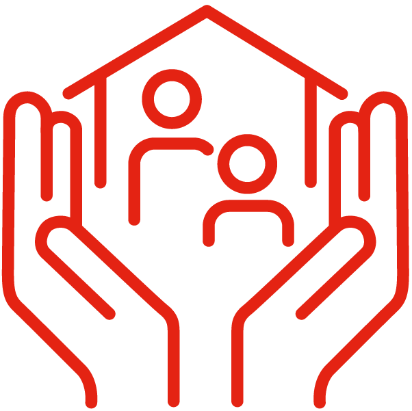 An icon of two hands holding a house with two people inside