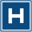 A white 'H' on a blue background is commonly used on road signs to indicate a public hospital.